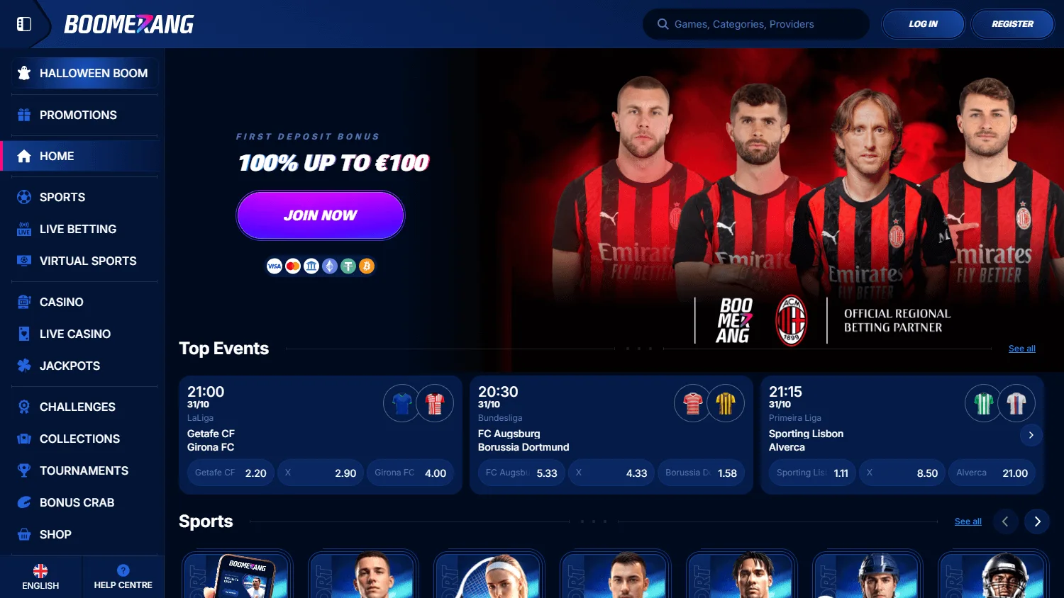 Boomerang Bet Casino desktop home interface with casino and sports betting options