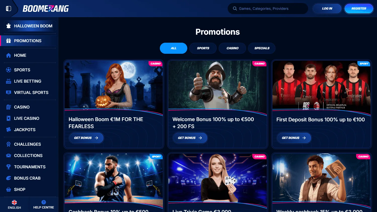 Boomerang Bet Casino desktop promotions area showing welcome and promotional offers