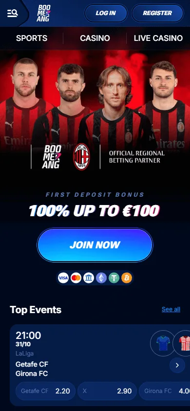 Boomerang Bet Casino responsive mobile home interface on an iOS or Android phone