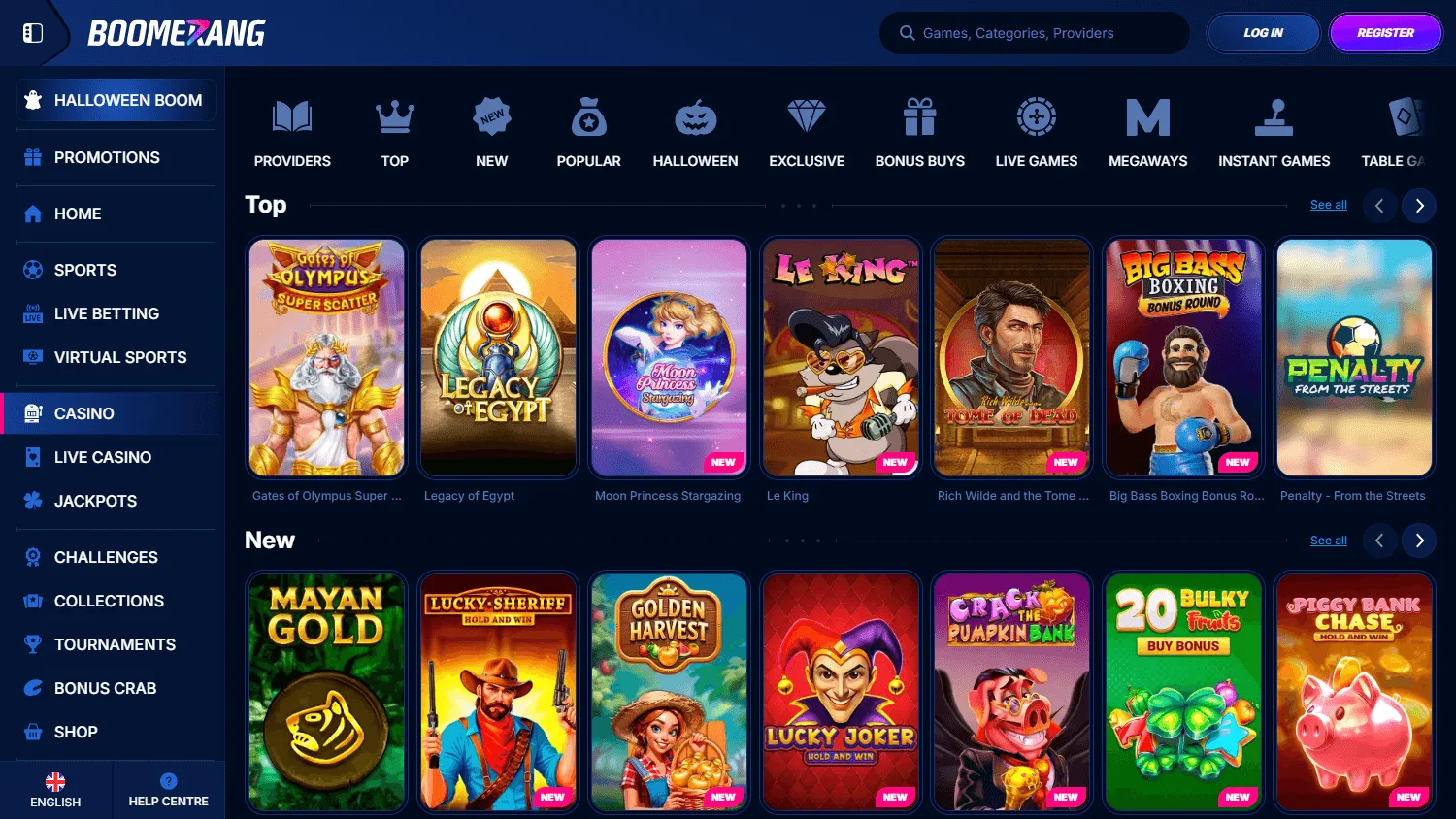Boomerang Bet Casino desktop games area with pokies, table games and live dealer categories