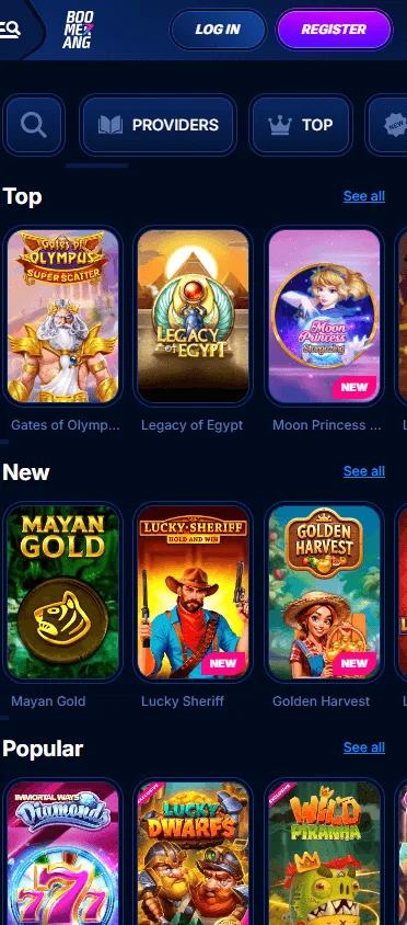 Boomerang Bet Casino mobile games area with casino and live game categories
