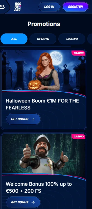 Boomerang Bet Casino mobile promotions area showing welcome and free spin offers